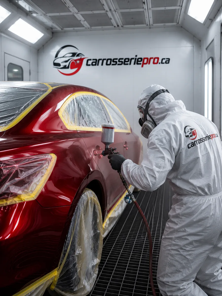 Application de la peinture en cabine sur un véhicule rouge masqué